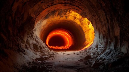 Mesmerizing view of a glowing lava tube tunnel carved deep underground through volcanic rock showcasing the fiery red orange molten rock and mineral formations