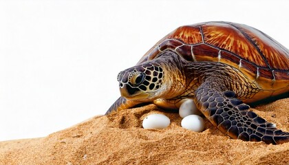 Sea turtle lays eggs on the sand. isolated white background. copy space. tortoise.