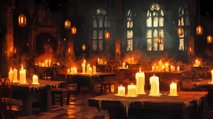 Creepy candles flicker on tables casting ghostly shadows throughout the halloween party. Ghostly Flickering Lanterns. Illustration