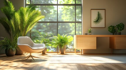 Fototapeta premium minimalist modern office interior with natural light and green plants