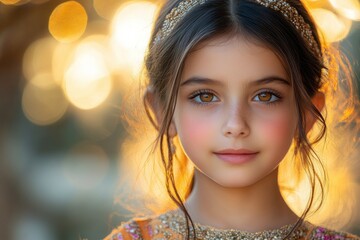 Fototapeta premium Young girl in colorful traditional dress smiling and showing heart gesture outdoors in summer sunshine
