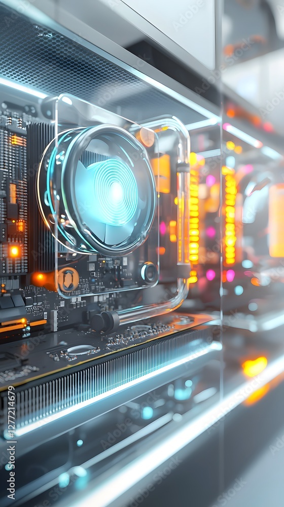 Poster 3d of a high performance computer cpu liquid cooling system with a vibrant rgb lighting design