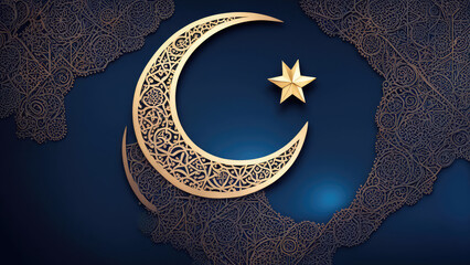 A golden crescent moon and star with intricate Islamic patterns on a deep blue background, symbolizing faith, spirituality, and Islamic culture, often associated with Ramadan and Eid celebrations.