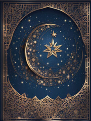A golden crescent moon and star with intricate Islamic patterns on a deep blue background, symbolizing faith, spirituality, and Islamic culture, often associated with Ramadan and Eid celebrations.