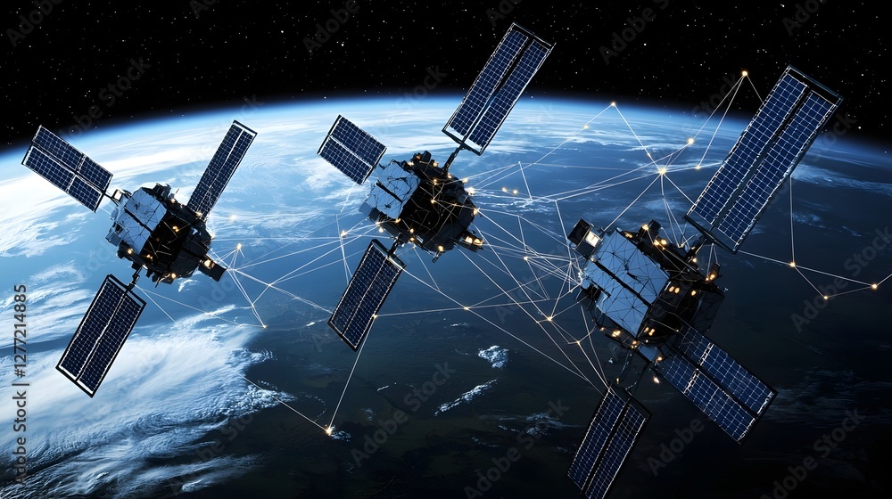Poster 3d render of a network of interconnected low poly satellites orbiting the earth forming a global wir