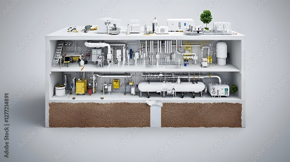 Poster 3d of a detailed cross section diagram or schematic design of an underground geothermal heating and 