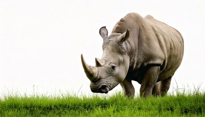 Obraz premium the rhino is standing on the grass. isolated white background. copy space