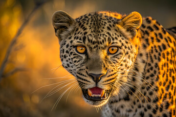 Fototapeta premium Leopard Warrior Intense Stare in Fiery Sunset Glow