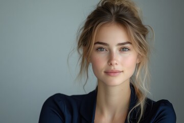 Naklejka premium Woman in Navy Blue Outfit Presenting with Open Palm in Minimalist Portrait