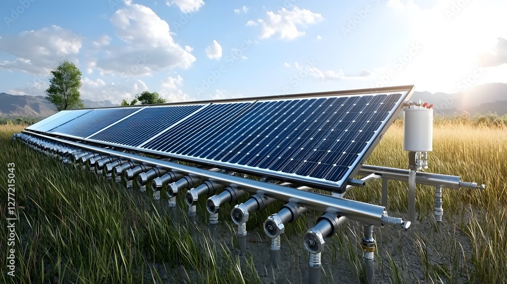 Poster 3d rendering of a solar water heating system with pipes and panels installed in a rural landscape wi