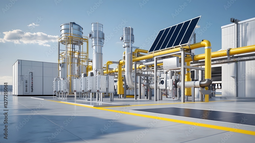 Poster 3d rendering of a solar water heating system with pipes panels and other components integrated into 