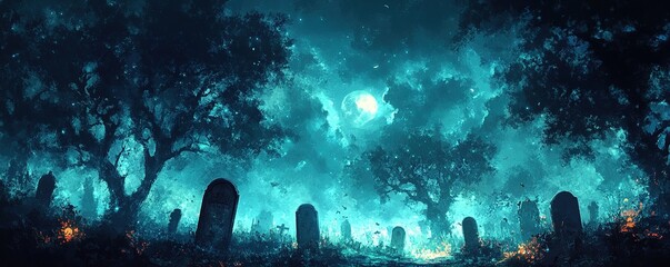 Haunting nighttime scene of a graveyard mystic forest digital art ethereal environment wide angle spooky atmosphere