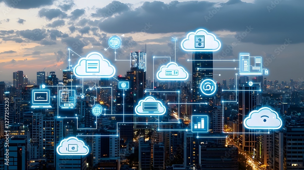 Aufkleber 3D visualization of cloud computing and intelligence with satellite technology concept showcasing the digital transformation and innovation in global connectivity data processing
