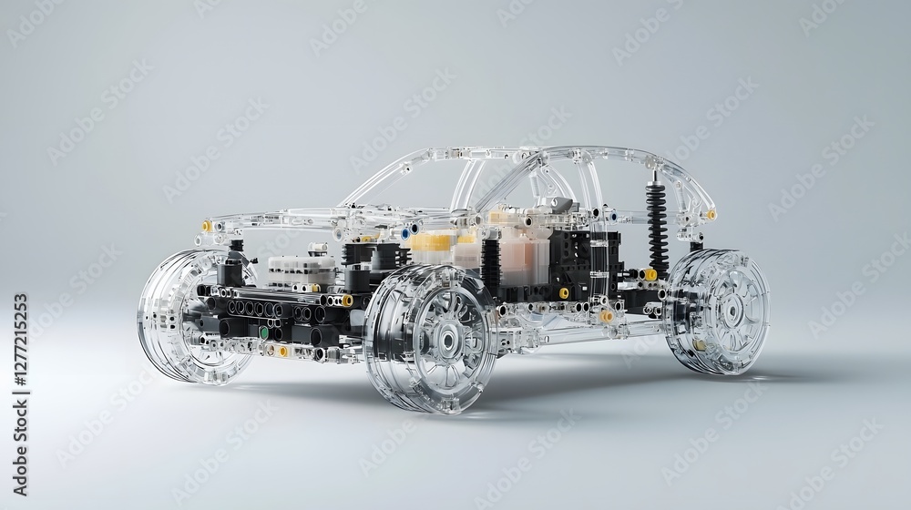 Poster a 3d rendered model of a transparent automotive chassis revealing the intricate inner workings and d