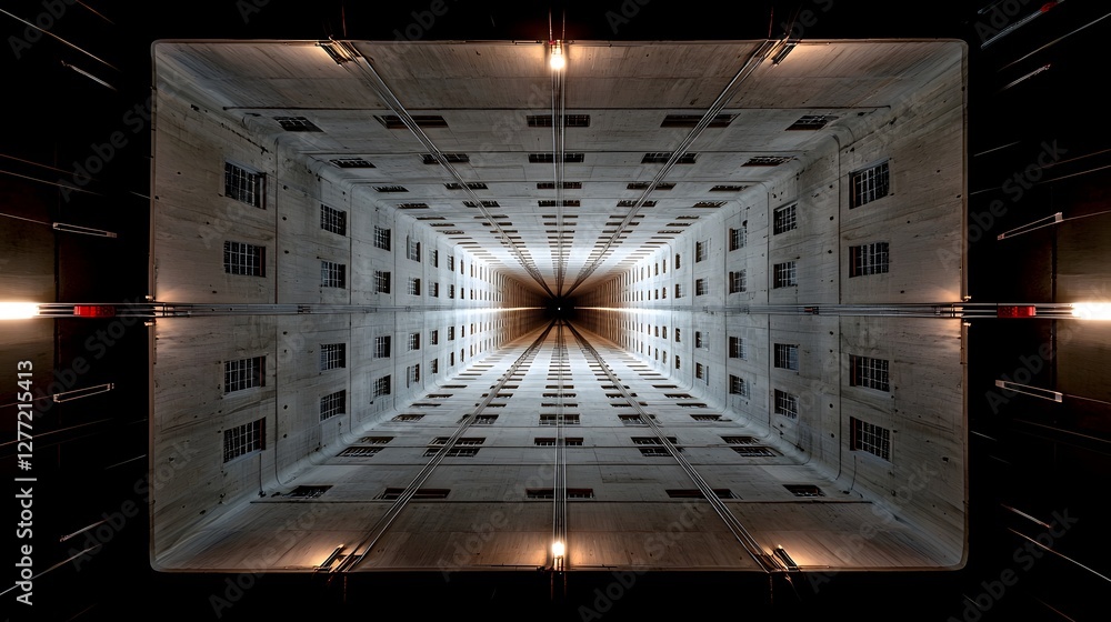 Poster a captivating symmetrical view showcasing the architectural design and engineering of a deep cylindr