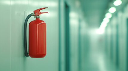 Bright red fire safety equipment hanging vertically on sleek white corridor wall, highlighting emergency preparedness in minimalist architectural setting
