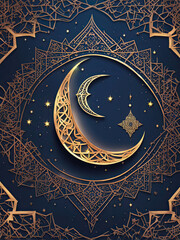 A golden crescent moon and star with intricate Islamic patterns on a deep blue background, symbolizing faith, spirituality, and Islamic culture, often associated with Ramadan and Eid celebrations.