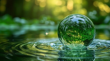 Captivating green glass sphere in tranquil water nature scene close-up view serene environment reflective concept