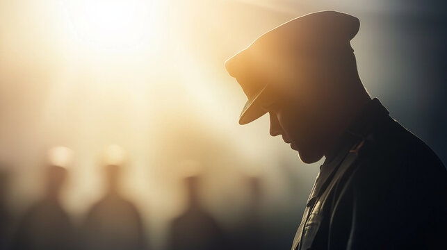 Military silhouette standing with bowed head, receiving golden morning sunlight, shadowy comrades fading behind, embodying contemplative soldier's moment