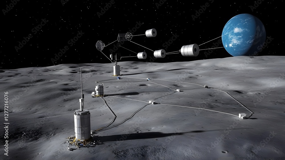 Poster A futuristic space station equipped with various communication satellites orbiting in the dark serene environment of space