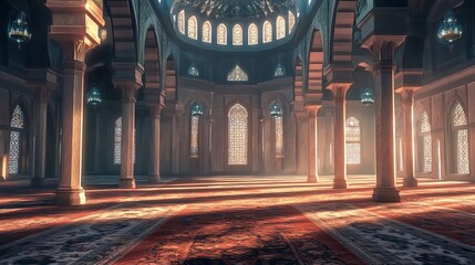 Obraz premium Majestic Islamic Mosque: A Breathtaking 3D Rendered Background for Design Projects, Websites, and Presentations. Perfect for adding a touch of 