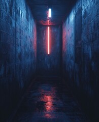 Obraz premium Creepy Abandoned Grunge Basement with Dim Neon Light and Textured Concrete Walls