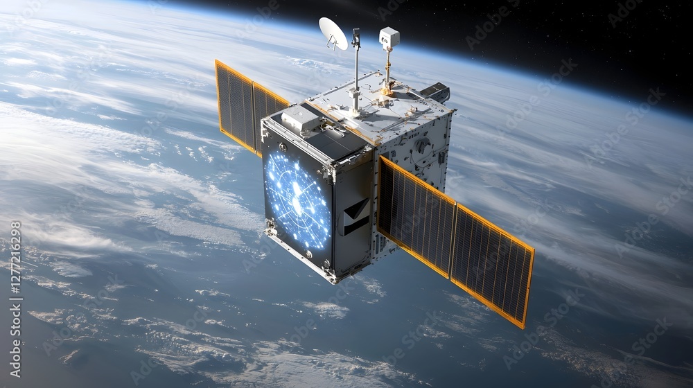 Leinwandbilder a highly detailed and image depicting an ai powered satellite orbiting the earth processing and tran