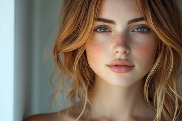 Naklejka premium Smiling Young Woman with Wavy Hair in Minimalist Setting