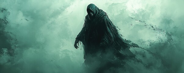 Mysterious figure emerges from fog dark forest fantasy illustration eerie atmosphere wide angle mythical theme