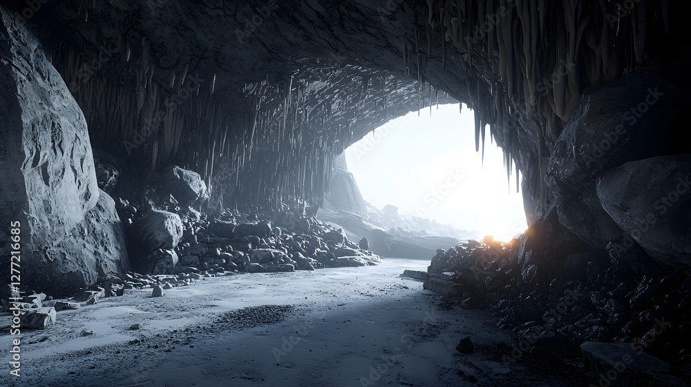 Poster A mysterious and otherworldly cave tunnel with captivating stalactites and a soft glowing light emanating from the ethereal exit creating a serene and natural scene