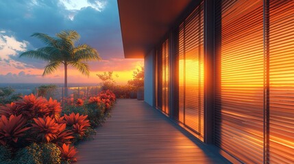 Fototapeta premium Modern House Exterior with Sleek Metal Roller Shutters and Wooden Deck at Golden Hour
