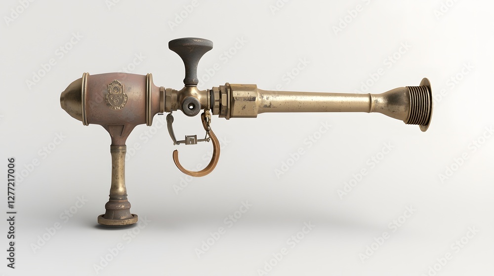Poster a photo of an intricately designed vintage brass fire hose nozzle with a complex lever mechanism sho