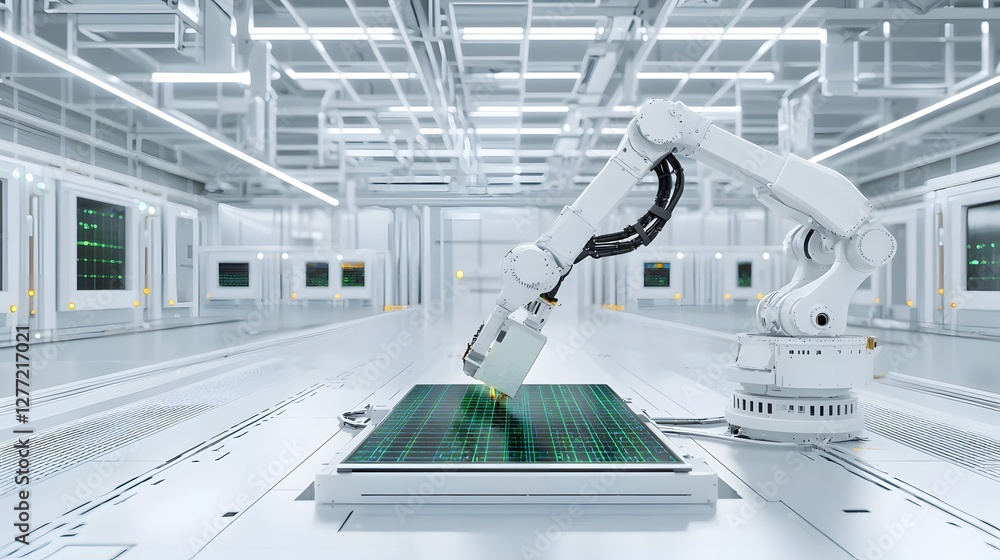 Poster a photo of an industrial robotic arm carefully and meticulously installing a display panel onto a hi