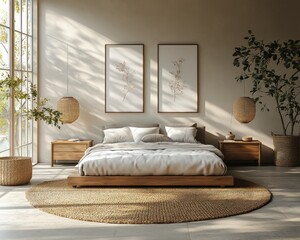 Fototapeta premium Minimalist bedroom interior with gray bed wooden nightstand and natural light