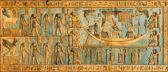 Fototapeta premium Carvings on the ceiling with restored painting in the temple of Hathor at Dendera in Egypt