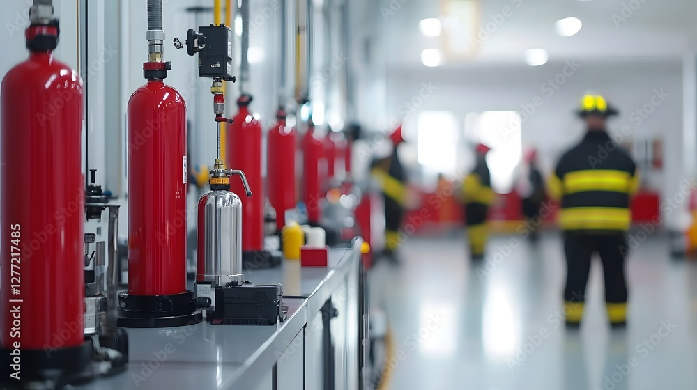 Poster a photograph depicting the process of filling and inspecting firefighter oxygen tanks in a well orga