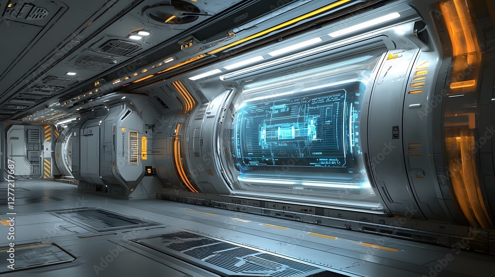 Poster A semi transparent holographic like digital interface integrated into the interior of a high tech futuristic device or spacecraft showcasing an advanced sleek and minimalist design