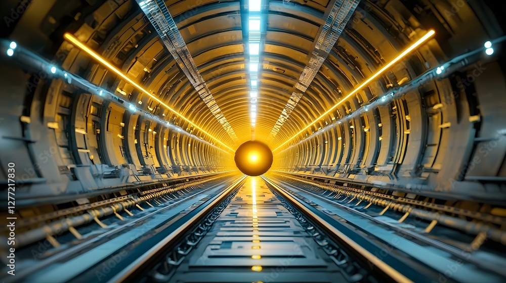 Aufkleber A symmetrical perspective inside a deep cylindrical metro tunnel with illuminated rails futuristic architectural elements and a sense of modern urban transportation infrastructure
