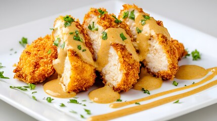 A tantalizing dish of golden breaded chicken katsu cutlet served with a rich and aromatic curry sauce garnished with fresh parsley creating a delectable and satisfying meal