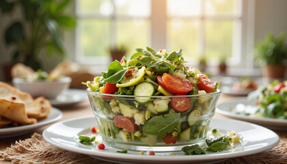 Fresh salad in a glass bowl on a wooden table