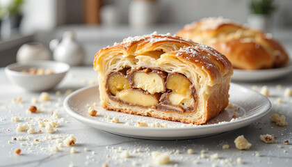Delicious pastry filled with chocolate and apples on a plate