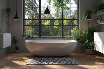 Fototapeta premium Luxurious modern bathroom with large bathtub minimal design white cabinets and hardwood floor