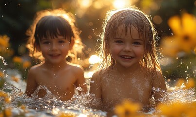Fototapeta premium Children Playing with Water in a Sunny Garden during Summer Vacation