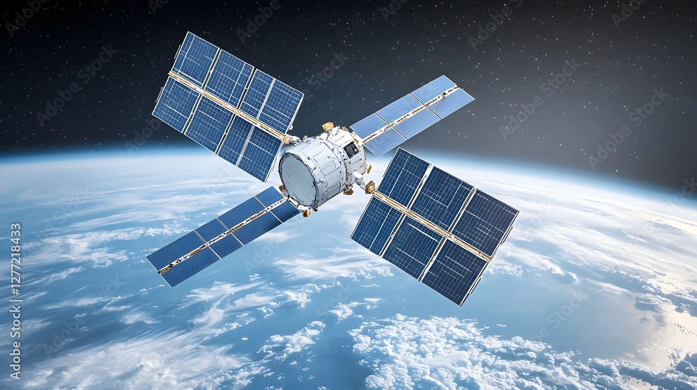 Leinwandbilder advanced satellite with retractable solar arrays deployed in outer space capturing earth s atmospher
