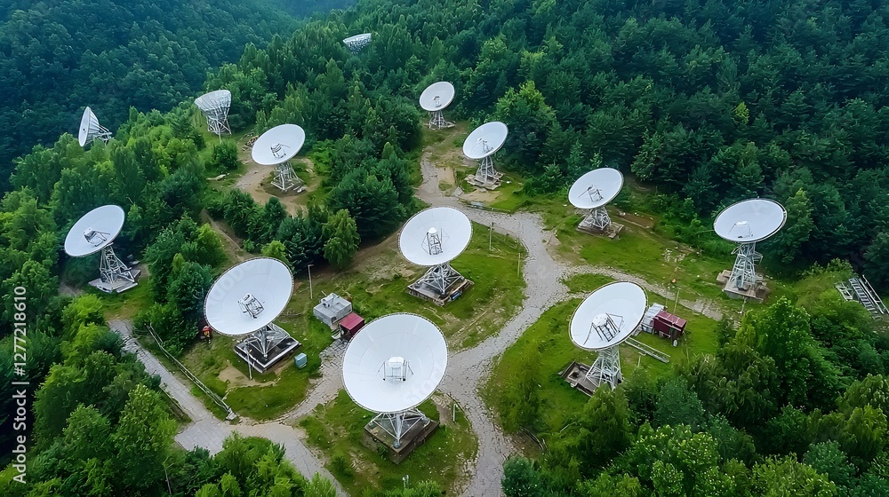 Poster aerial drone view of a remote communication center with multiple satellite dishes and antennas align