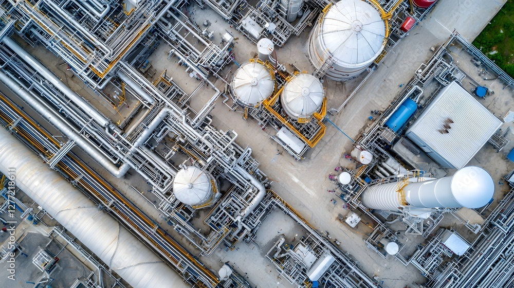Poster aerial overhead view of the complex pipe network and infrastructure within an industrial chemical pr