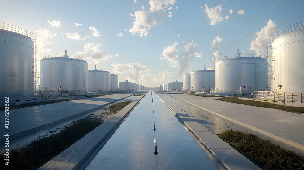Poster aerial view of a large industrial facility with multiple storage tanks containing liquid fire suppre