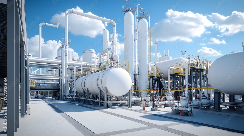 Poster Aerial view of a large industrial oxygen production facility with multiple large storage tanks intricate pipeline systems