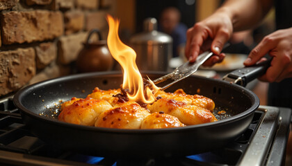 Flaming dough balls being cooked on the stove
