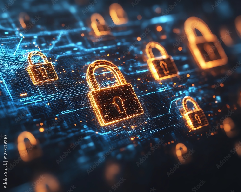 Poster digital security network with multiple padlocks, secure tech system, safe cyberspace, data protectio
